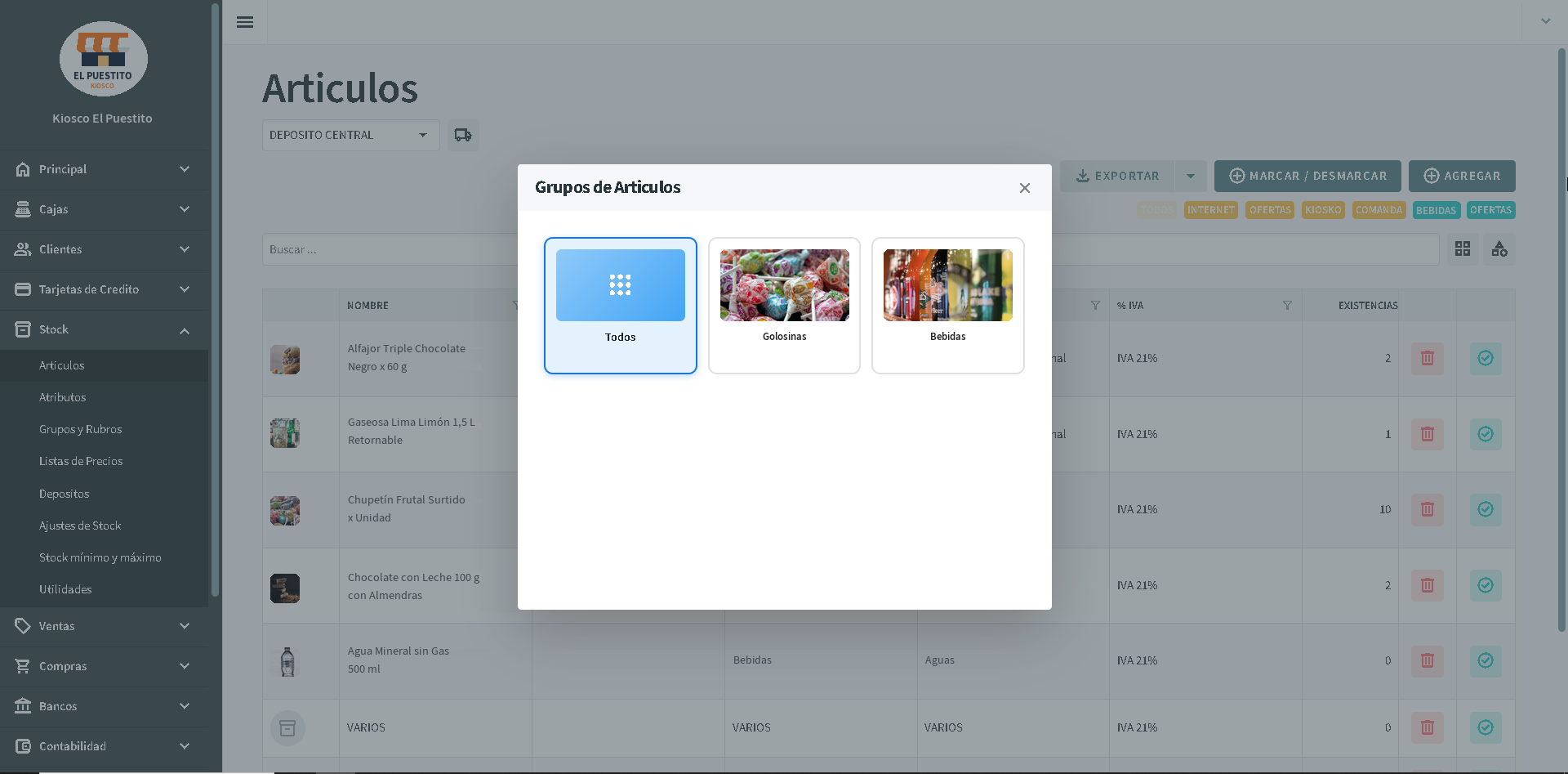 Listado de art&iacute;culos y grupos en Todosoft