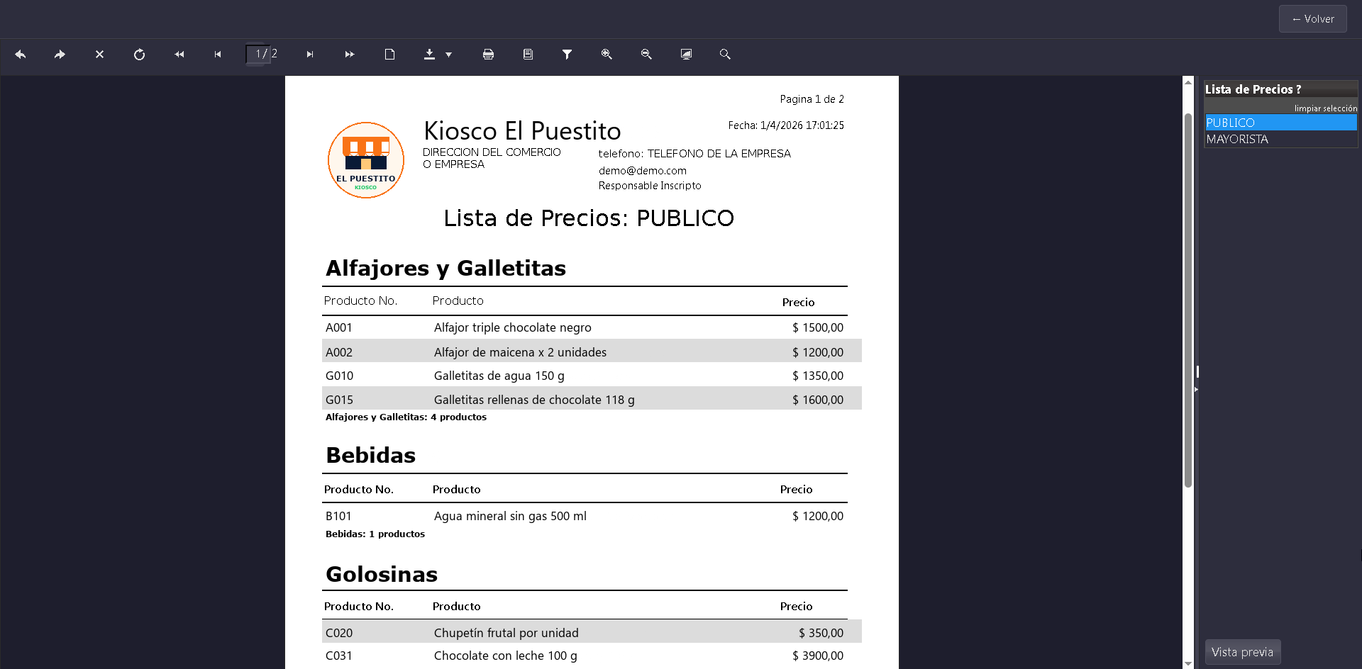 Listado de precios impreso desde Todosoft